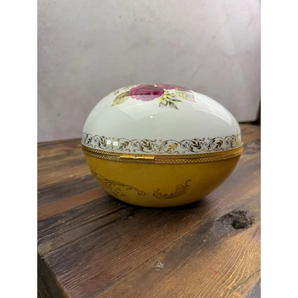 Artoria Limoges France Porcelain Egg Trinket Box Yellow Pink Roses Gold Filigree